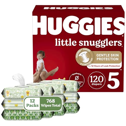 Huggies Little Snugglers Baby Diapers, Size 5 (27+ lbs), 120 Count (2 Packs of 60) & Huggies Natural Care Sensitive Baby Wipes, 768 Count (12 Packs of 64)