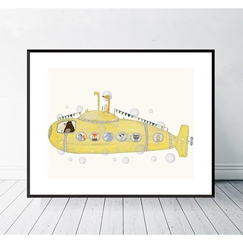 Generic Poster Of Little Yellow Submarine, Childrens wall art, Nursery prints, Nautical nursery art, Woodland animals, Adventure them Cute illustrations,27, White