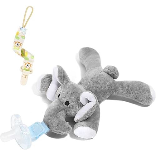 Zooawa Baby Pacifier Holder, Loveys for Baby Soothie Elephant Pacifier Holder with Removable Detachable Plush, Christmas Toddler Stuffed Animal Pacifier for Infant Boys Kids Girls 0-36 Months