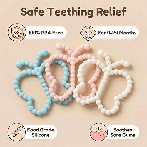 3 Pcs Baby Teething Toys 3-6 Months,Butterfly Baby Teether Toys, for Babies 0-24months Silicone Teething Relief Chew Soothing Sore Gums for Newborn Infant Essentials BPA Free