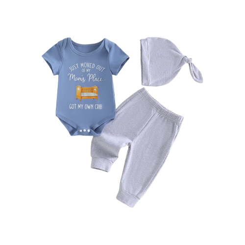 BemeyourBBs Newborn Baby Boys Hospital Coming Home Outfit 3Pcs Baby Boy Clothes Just Moved Out Of My Mom's Place Got My Own Crib Letters Print Short Sleeve Romper with Pants Set Hat