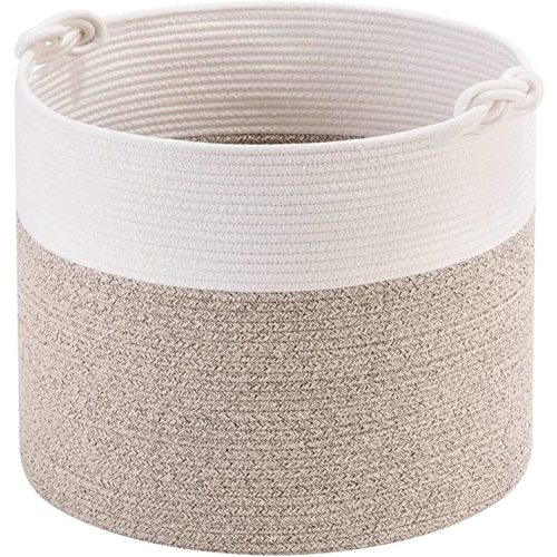 MINTWOOD Design 15 x 14.2 Inches Woven Cotton Rope Storage Basket, Stuffed Toy Basket Bin, Laundry Basket Hamper, Nursery Basket, Dog Toy Basket, Blanket Basket, Gift Basket, Light Brown