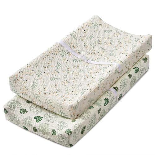 Blissful Diary Muslin Changing Pad Cover for Girls Boys, Ultra Soft Breathable Cotton, Baby Diaper Change Table Pad Covers, 2Pack (Leaf & Monstera Leaves)