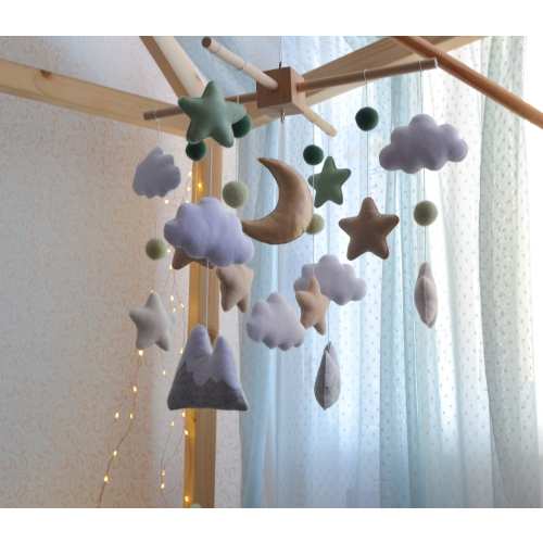 Mountain boho mobile , Woodland felt mobile for travel nursery, forest mobile ,moon mobile crib, mountain decor nursery,Neutral baby mobile