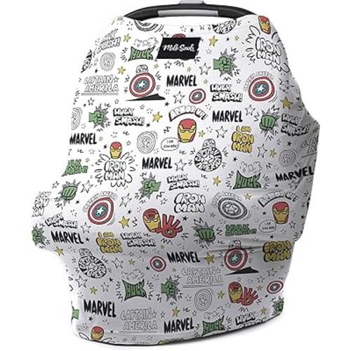Milk Snob Original Marvel 5-in-1 Baby Cover, Breastfeeding, Car Seat, Carrier, Stroller, High Chair, Shopping Cart, Canopy, Baby Shower Gender Neutral Gifts, Nursing Top (Mighty Heroes)