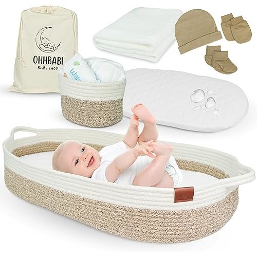 Baby Changing Basket Set w/Matching Diaper Caddy - Foam Changing Pad & Water Repellent Cover - Baby Diaper Changing Pad for Dresser - Cotton Rope Diaper Changing Basket - Beige