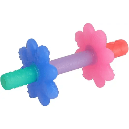 Itzy Ritzy Teensy Tube Teether; Textured Hollow Baby Teething Tube That Reaches Front Teeth & Back Molars, Made of Soft Silicone (Pink Rainbow)