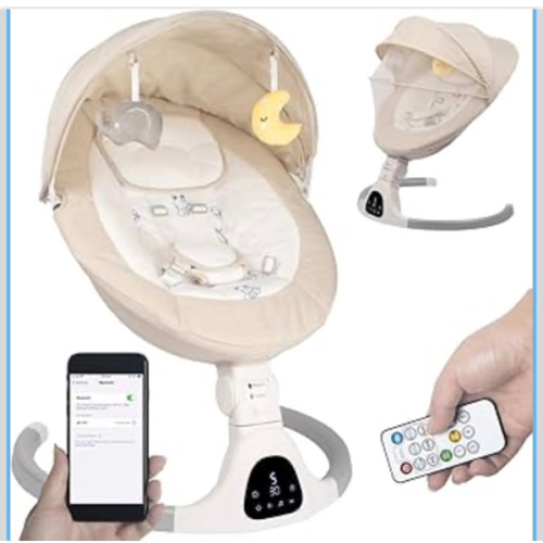 Baby Swing for Infants to Toddler Portable Babies Swing Timing Function 5 Swing Speeds Bluetooth Touch Screen Music Speaker with 10 Preset Lullabies 5-Point Carabiner (Ivory White)