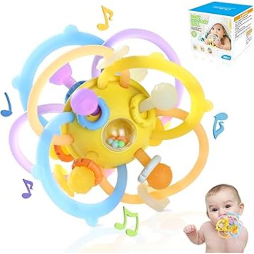Orzbow Sensory Teething Toys for Babies, Baby Montessori Toys 3-6-12-18 Months, Infant Teethers Relief Chew Toys, Silicone Baby Rattle Toys - Early Development Toy for Toddlers, BPA Free, Yellow