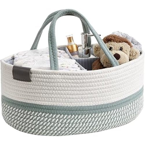 DECOMOMO Baby Caddy Organizer, Diaper Caddy Basket, Baskets for Baby Shower Gifts (Sage Green & White, Extra Large)