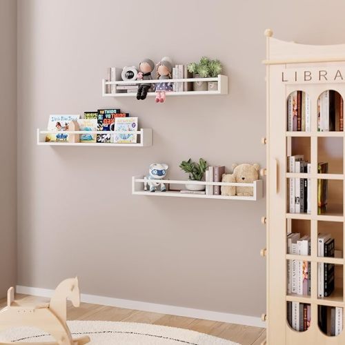 Fixwal Nursery Book Shelves, 23.6 Inch Floating Bookshelf for Wall, Set of 3, Nursery Decor, Solid Wood Wall Mounted Shelves for Books, Toys and Decor Storage (White)