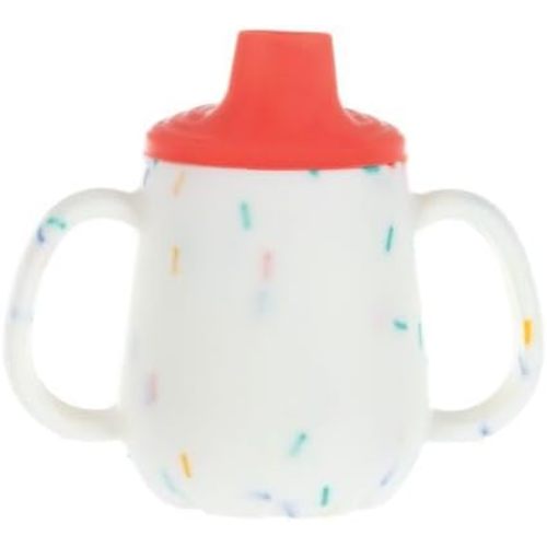 Nuby First Training Cup - Silicone Cup with Free-Flow Spout and Easy-Grip Design - 2 oz - 6+ Months - Coral and Sprinkles
