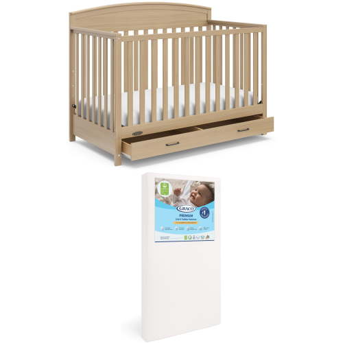Graco Benton 5-in-1 Convertible Crib with Drawer and Premium Crib & Toddler Mattress Bundle, Driftwood
