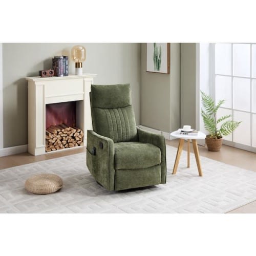 Cecil Modern Antique Green Upholstered Chenille Swivel Rocker Recliner Chair with Lumbar Heat and Massage
