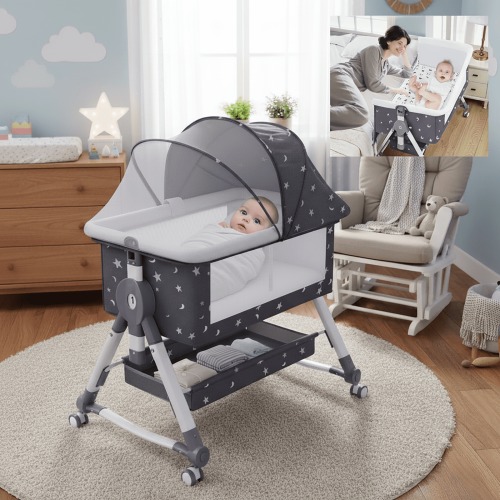 HDUTNGISN Adjustable Baby Bassinet with Changing Table & Wheels,Gray+Star,0-36 Months