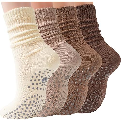 Pilates Slouch Crew Socks for Women, Grip Yoga Socks with Non Slip Grippers for Barre Ballet Dance Hospital Workout