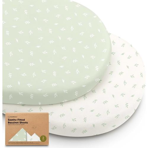 2-Pack Organic Bassinet Sheets for Girls, Boys - 100% Cotton Bassinet Mattress Sheets Compatible with Halo Bassinest Swivel Sleeper, Graco, Baby Delight, Chicco, Unisex Fitted Bassinet Sheets (Herb)