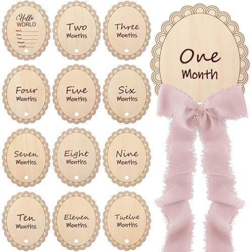 Threehoney 14 Pcs Wooden Monthly Baby Milestone with Ribbon Monthly Milestone Wood Discs Photo Props for Newborn Baby Girl Boy Baby Shower Gifts(Pink)