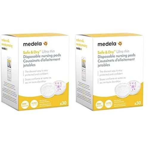 Medela Safe & Dry Ultra Thin Disposable Nursing Pads, 30 Count Breast Pads for Breastfeeding, Leakproof Design, Slender and Contoured for Optimal Fit and Discretion (Pack of 2)