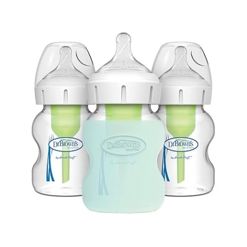 Dr. Brown's Options+ Wide-Neck Glass Baby Bottles, 5 Ounce, 3 Count with Silicone Sleeve Variety Pack