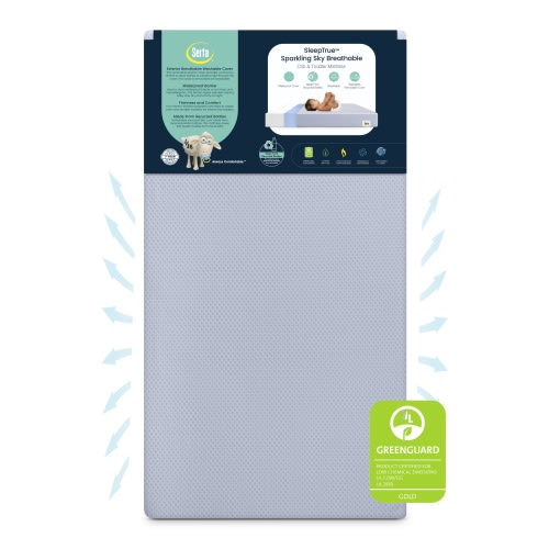Serta SleepTrue Sparkling Sky Breathable Baby Bed Crib Mattress and Toddler Mattress with Removable/Machine Washable Cover - GREENGUARD Gold – Waterproof - Sustainably Sourced Core Fiber Core, Blue