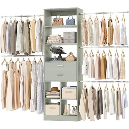 Closet System, 4-8 FT Closet Organizer Tower with 2 Wooden Drawers and Shelves, Can Fit 60 to 96 inch Walk-in Closet System with 5 Hang Rods, Built-in, Crab Green
