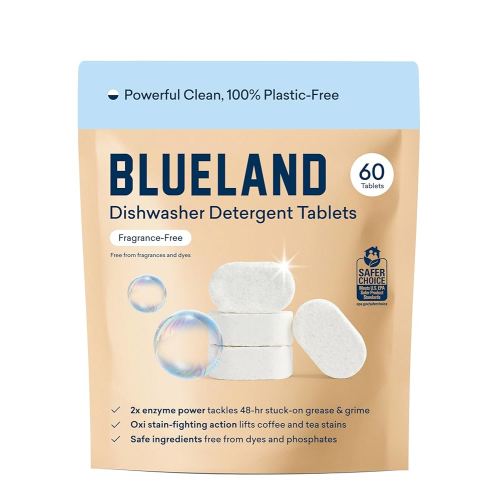 BLUELAND 100% Plastic-Free Dishwasher Detergent Tablets, 60 Count, Unscented Eco Friendly Dishwashing Pods, Natural, Sustainable