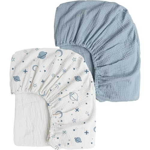 Konssy Muslin Crib Sheets 2 PCS 100% Cotton Baby Crib Sheets for Standard Crib Mattress (28"x 52"), Soft and Breathable for Boys, Girls (Star,Blue)