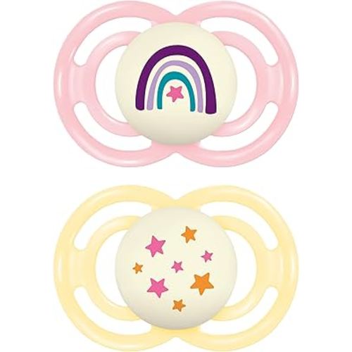 MAM Perfect Night Baby Pacifier, Patented Nipple, Glows in the Dark, 2 Pack, 16+ Months, Pink,2 Count (Pack of 1)