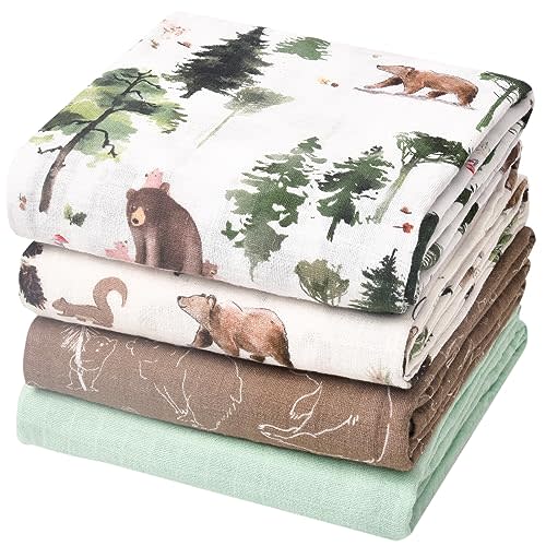 david's kids 4 Pack Baby Muslin Swaddle Blankets, 100% Cotton and Ultra Soft Breathable Receiving Blanket Wrap for Boys Girls, New Born Essentials, Woodland Animals/Green