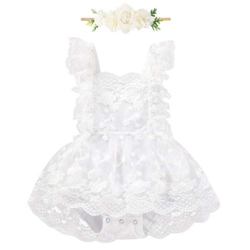 IBTOM CASTLE Baby Girls Lace Bodysuit Boho Clothes 1st Birthday Cake Smash Outfit Newborn Photography Outfits Summer Sunsuit 0-3 Months White Embroidery Lace