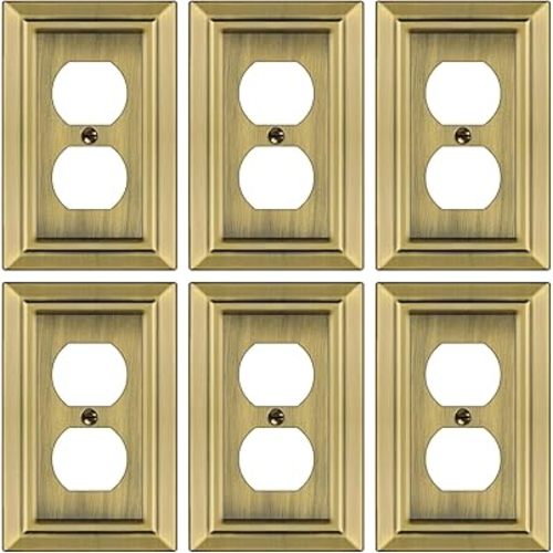Metal Wall Plate for Electrical Outlets, Decorative Antique Brass Switch Plates Outlet Cover, Light Switch Cover Plate, 1-Gang Wall Plates (Duplex Outlet, 6 Pack)