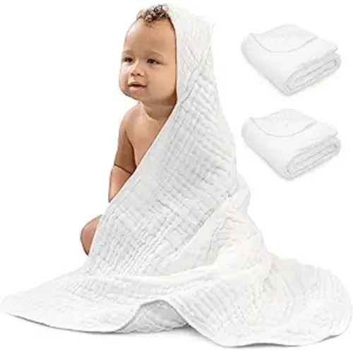 Comfy Cubs 2 Pack Baby Hooded 9 Layer Muslin Cotton Towel for Kids, Large 32” x 32”, Ultra Soft, Warm, and Absorbent. Baby Essentials Bath Towels, Cute Unisex Cover for Girls and Boys (2 Pack, White)