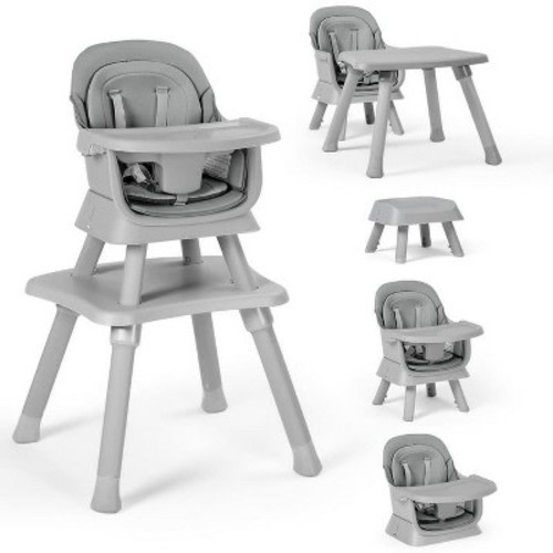 Kinder King 8 in 1 Baby High Chair, Coverts to Dining Booster Seat, Removable Tray & Double Seat Cover, Easy to Wipe, Gray