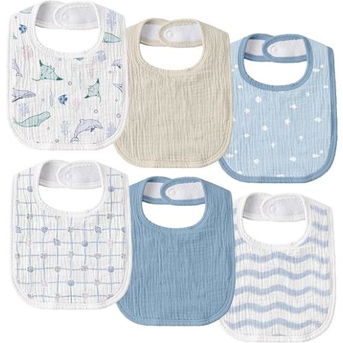 GLLQUEN BABY Muslin Drool Bibs for Boys Girls 6 Pack, Adjustable Baby Bibs for Drooling and Teething, Soft Cotton Baby Bandana Bib for Newborn Feeding Essentials (Ocean Whimsy)