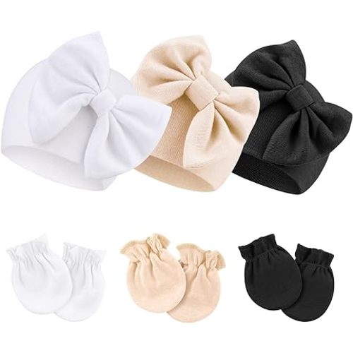 BQUBO Newborn Baby Hospital Hats Beanie Bow Infant Caps Baby Cotton No Scratch Mittens Set for 0-6 Months