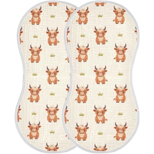 Highland Cow Muslin Burp Cloths for Baby Boys and Girls - 2-Pack Ultra Absorbent Muslin Washcloths, Newborn Towel, Milk Spit Up Rags, Burp Cloth Bibs for Unisex, 22 x 11 Inch