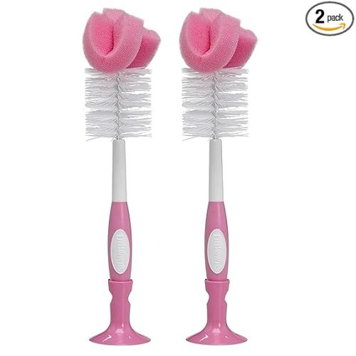 Dr. Brown's Reusable Sponge Baby Bottle Cleaning Brush with Suction Cup Stand, Scrubber and Nipple Cleaner, BPA-Free, Pink, 2-Pack