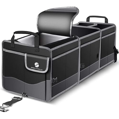 Trunk Organizer with Cooler, Collapsible Trunk Storage Container with Non Slip Bottom Strips, Large Multi-Compartment Waterproof Car Trunk Organizer Groceries for Vehicle Sedan, Suv, Truck,Van(Black)