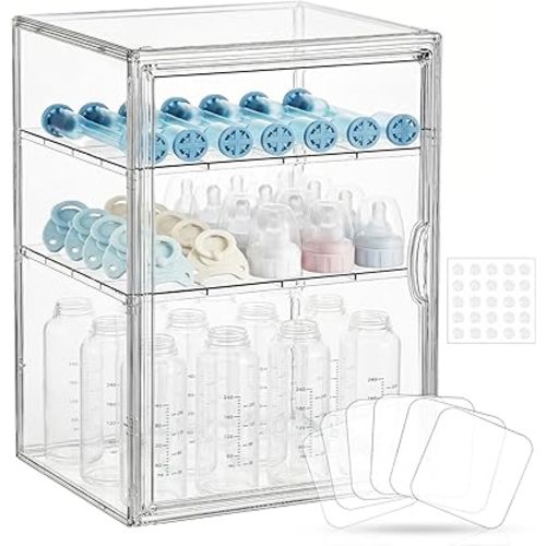 Baby Bottle Organizer – X-Large Adhesive Wall-Mount 3 Tier Adjustable Acrylic Bottle Storage Container with Magnetic Door – for Countertop, Cabinet, Kitchen, and Vanity, Gifts for New Mom