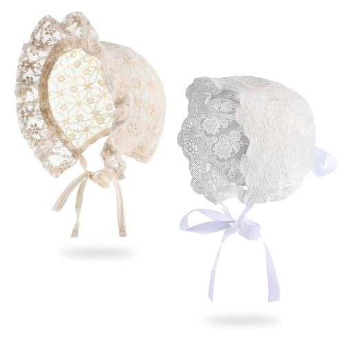 Unittype 2 Pieces Baby Girl Lacy Bonnet Eyelet Lace Christening Bonnet Cap Toddlers Beanie Breathable Sun Protection Hat White,40- 44cm 16.5-17.3 inches in head circumference