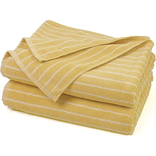 Jacquotha Bath Towels 2 Pack, Lightweight & Quick Dry Towels Large 27.5 x 55 inches, Luxury Terry Cotton Towels for Pool Bathroom Summer, Yellow & White Striped