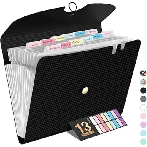 Sooez Expanding File Folder, 13 Pocket Accordion File Organizer, Monthly Expandable File Folder for Documents with Labels, Portable Bill Receipt Organizer for School Office Supplies, Letter A4 Size