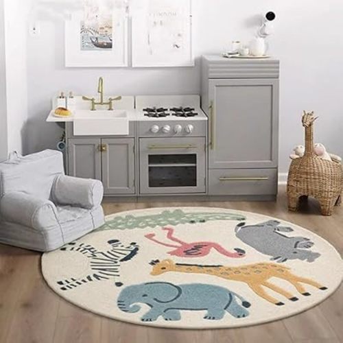 Poowe Cute Animals Kids Room Rug,47.2" Round Washable Area Rugs Rabbit Rug Nursery Rug for Baby Boys Girls Play Mat Floor Carpet Non Slip Soft Rugs for Living Room Bedroom Playroom Classroom