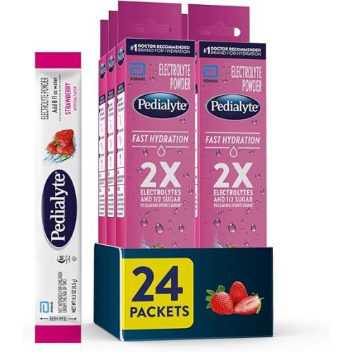 Pedialyte Fast Hydration Electrolyte Powder Packets, Strawberry, Hydration Drink, 24 Single-Serving Powder Packets