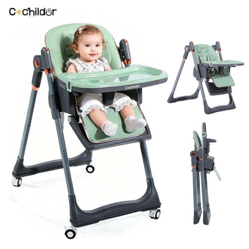 Cochildor Foldaway 3-in-1 High Chair for Babies & Toddlers, with 5 Point Harness, Tray, Foot Rest and Wheels, Green