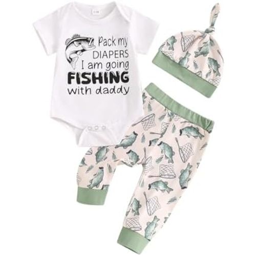 Lamuusaa Newborn Baby Boy Outfits Short Sleeve Letter Print Romper Fish Patterns Long Pants Hat 3Pcs Summer Clothes 0-18M
