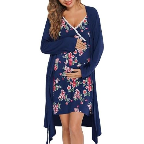 SWOMOG Womens Maternity Robe 2 Piece Nursing Nightgown for Breastfeeding 3 in 1 Labor Delivery Nursing Dress Lace Bathrobe