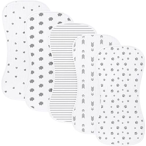 5 Pack Baby Burp Cloths, Unisex Newborn Burping Cloths, Soft and Absorbent Muslin Cotton, Large Size for Newborn, (Grey-jt)