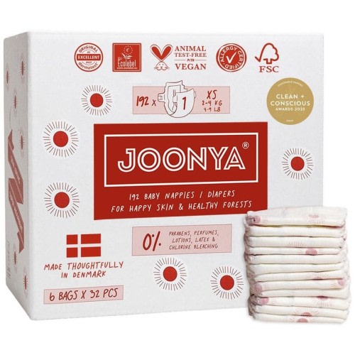 Joonya Nappies - 6 Bag Cartons - Size Size 1 - XS (2-4kg) - 6 Bags of 32 (192)